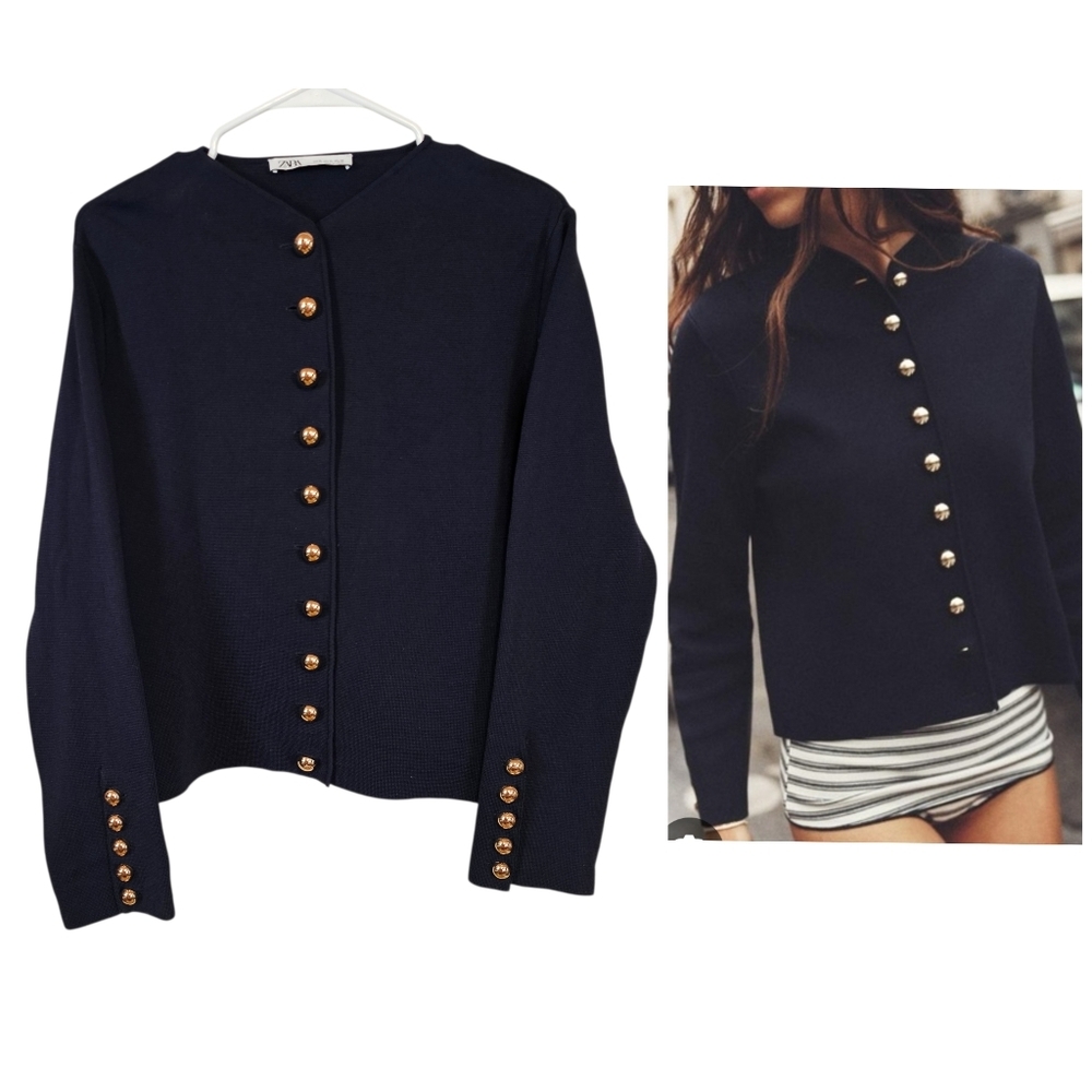 Zara Navy Blue Chunky Gold Button Dark Academia Minimal Knit Cardigan Sweater